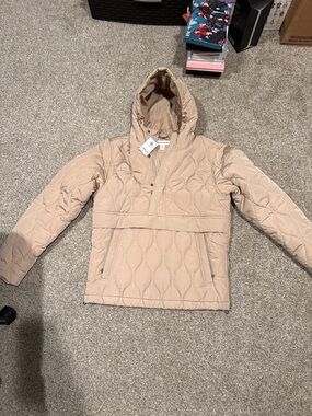 Quilted Hooded Pullover Winter Quarter Zip Jacket in Tan Amazon Essentials NEW